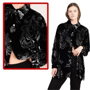 Denim & Co. Velvet Black and Silver Floral Blouse Size M